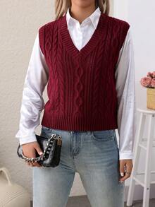 女士休闲日常纯色扭绳毛衣背心，V 领无袖针织套头马甲 - 酒紅色 - 查看 3