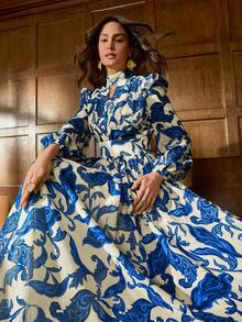 Vestido de noite luxuoso em chiffon com estampa floral Faeriesty Printing, gola alta e mangas bufantes – perfeito para casamentos, eventos de tapete vermelho, jantares de gala, inaugurações de galerias de arte e bailes da alta sociedade, essencial para férias. - Azul - Ver 3