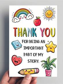 Tarjeta de agradecimiento feliz para el maestro con sobre - Diseño de dibujos animados vibrantes que presentan un arcoíris, una manzana y una cara sonriente, ideal como regalo de fin de año para preescolar, guardería o cuidado infantil