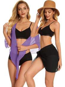 CHICGAL 2 Pieces Women Beach Sarong Bathing Suit Wrap Skirt Sheer Bikini Swimsuit Cover Ups Swimwear - 黑色和紫色 - 查看 2