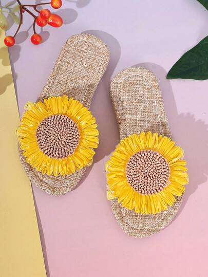 （建议订购大一码，尺码偏小）1 双女孩彩虹向日葵装饰露趾拖鞋，适合海滩、旅行、摄影、学校、室内和室外活动