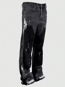 男士实用牛仔裤，直筒喇叭裤，做旧多口袋休闲裤，时尚，emo 风格 - 黑色 - 查看 2