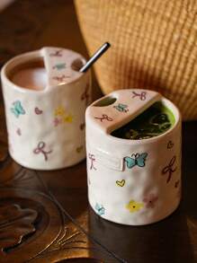 1 pieza Vaso térmico lindo y colorido con diseño de mariposa, taza de café con agarre en forma de corazón para chica, taza creativa y elegante para té con leche, taza de cerámica como regalo, regalo de cumpleaños/inauguración de casa