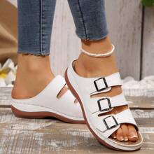Plus Size Women's Simple 3-Buckle Sandals, Casual Slip-On Wedge Sandals, Versatile And Suitable For Commuting And Walking