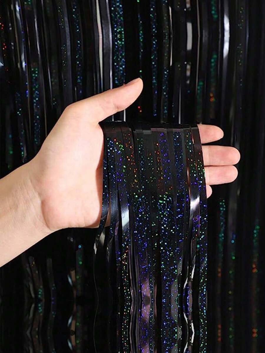 1条1*2米激光黑色金属闪光塑料亮片窗帘箔片流苏闪光彩带窗帘门窗装饰派对 - 黑色 - 查看 1