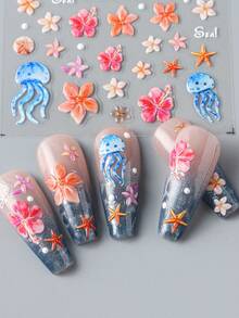 2 件 5D 浮雕兰花鸡蛋花花瓣夏季指甲海岛花卉美甲贴纸海洋水母海星海洋假日风格自粘指甲贴花指甲装饰 - 彩色 - 查看 4