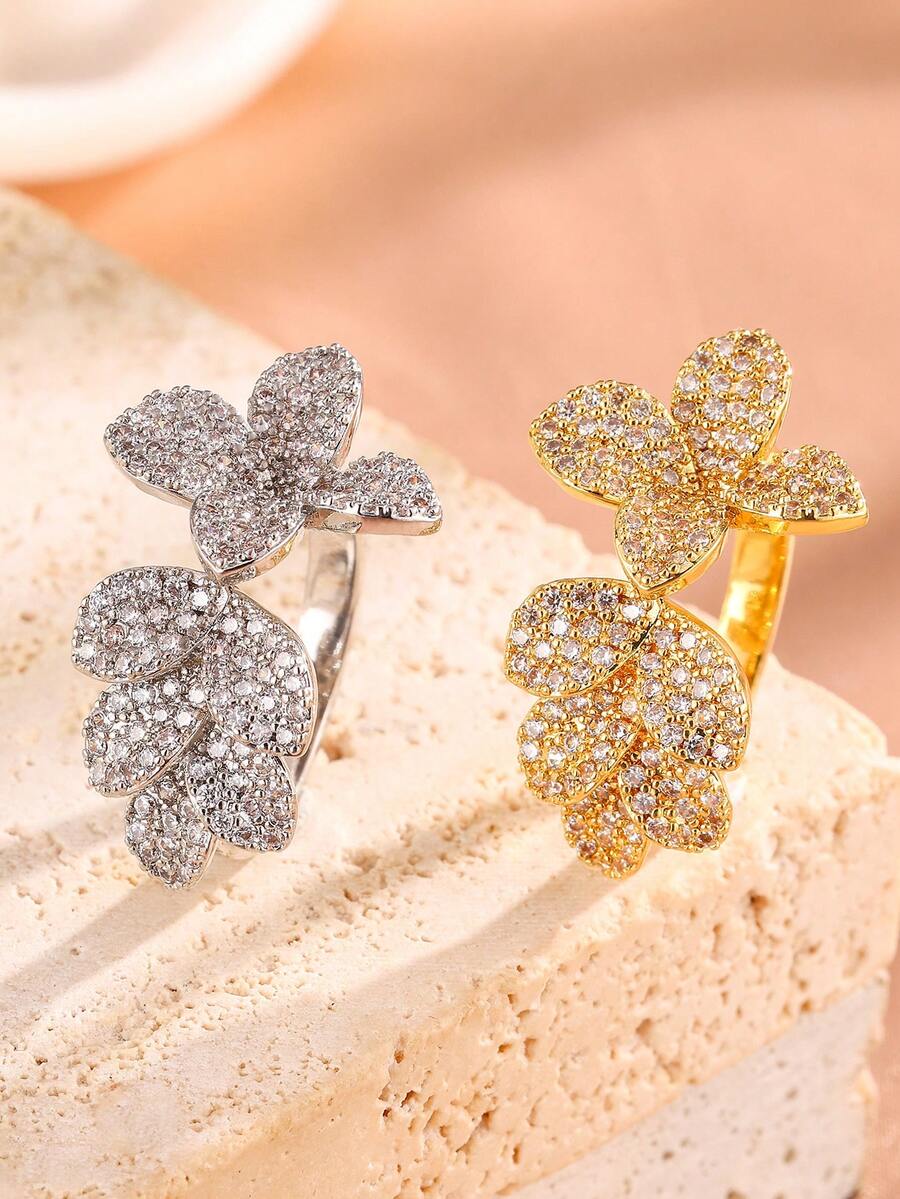 rakol 1pc Elegant Cubic Zirconia Leaf Decor Adjustable Open Ring ...