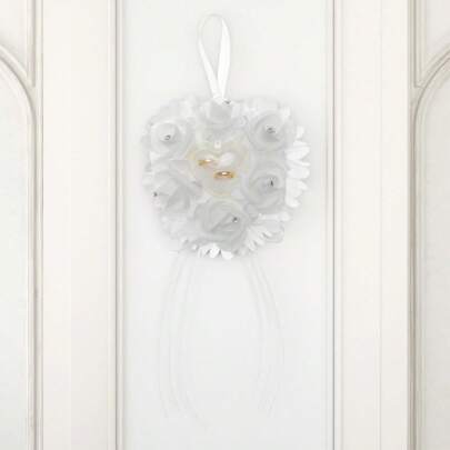 Romantic White Wedding Ring Bearer Box Artificial Flowers Heart Promise Ring Holder For Propose Ceremony Present