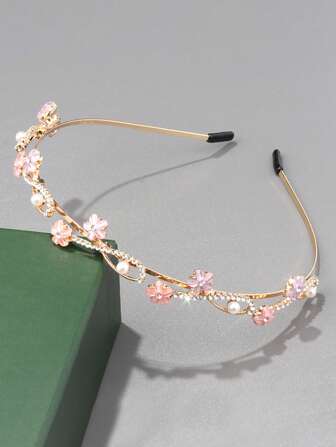 1pc Pink Floral Headband With Faux Pearl Decor, Versatile Elegant Rhinestone Hair Hoop, Suitable For Bride, Daily Accessory, Gift, Party,Hairband,Hair Hoop Headbands