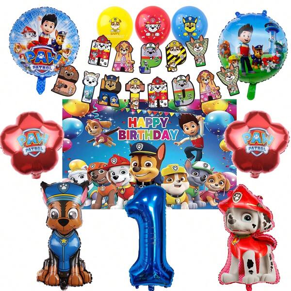 Paw Patrol Authorized 12PCS Paw Patrol Multicolor Cartoon Puppy Fantasy Theme Party Decoration Set Birthday Balloons Including Police Dog Fire Dog Balloons Red Blue Yellow Puppy Latex Balloons 1-9 Blue Number Balloons Happy Birthday Letter Pull Flag Banner Puppy Theme Happy Birthday Background Cloth, Suitable For Birthday Party Theme Party Decorations Family Gathering Home Decoration Party Supplies