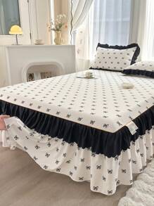 3pcs Bedding Set (1pc Bed Skirt + 2pcs Pillow Cases), Cute Romantic Floral & Bow Design With Double Ruffled Skirt, Elegant French Style, Suitable For Queen/Twin Bed, All Season