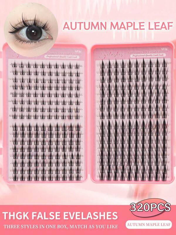 Pacotes de cílios individuais com 320 unidades, cílios D Curl em formato de folha de bordo, novos cílios estilo olho de gato D Curl de 10 a 16 mm, cílios postiços grossos em formato de folha de bordo de outono, kit de extensão de cílios faça você mesmo com aparência natural, ultragrossos, inteligentes, supermacios e leves, cílios postiços individuais reutilizáveis, adequados para iniciantes no dia a dia, casamentos, encontros, festas, festivais de música, Halloween, kit de extensão de cílios de grande capacidade, conjuntos de cílios, conjuntos de cílios, cílios individuais, cílios, cílios postiços