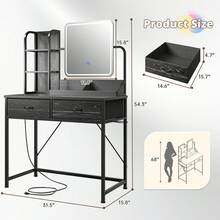 EnHomee Black Vanity Desk With Mirror And Lights, Small Makeup Vanity Desk With Fabric Drawers & Power Outlet, Modern Dressing Table For Bedroom, Black - 查看 7