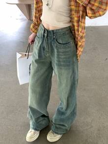 Women's Summer Casual Loose High Waist Wide Leg Jeans With Pockets - Medium Wash - View 2
