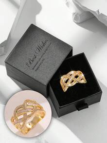 Anel de luxo banhado a ouro cúbico brilhante, resistente, em caixa, joia com imitação de diamante de cobre, adequada para mulheres, presente de casamento, noivado e feriado - Ouro - Ver 1