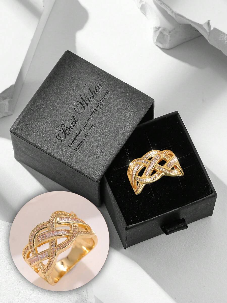 Anel de luxo banhado a ouro cúbico brilhante, resistente, em caixa, joia com imitação de diamante de cobre, adequada para mulheres, presente de casamento, noivado e feriado - Ouro - Ver 1