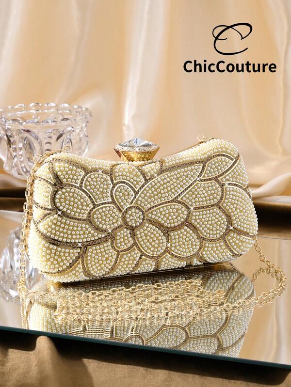 Bolso de mano asimétrico de moda para mujer con perlas falsas, bolso de embrague mini elegante para fiesta de noche, bolso de vestido formal de lujo vintage con rhinestones adecuado para boda, gala, baile, fiesta formal de Navidad, incluye correa de cadena