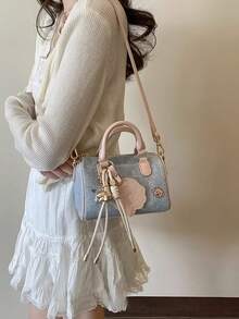 复古荔枝纹 PU 保龄球包，休闲手提包单肩包斜挎包枕头包，适合秋冬季上班通勤 - 藍色 - 查看 4