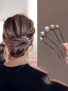 1个时尚U型仿珍珠发夹，简约奢华小众发饰，发髻发夹，发髻造型器，发饰，学生用品，珍珠发饰，婚礼用品，头部饰品