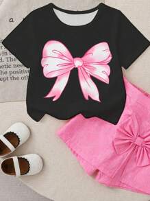 Set de 2 piezas de blusa de manga corta con estampado de mariposa y shorts falda rosa para niñas pequeñas, lindo y dulce para salidas de vacaciones en verano