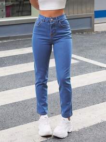 Pantalones Corte Mom Denim Estilo Auténtico - Azul - Ver 3
