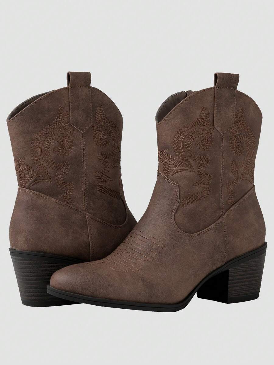 GLOBALWIN Women's The Western Wear Fashion Cowboy Cowgirl Free Birds Country Concert Disco Outfits Low Heel Walking Boots For Ladies Fall Boots Halloween Season - 駝色 - 查看 1