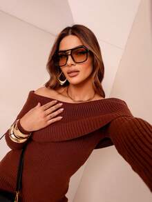 Women's Trico Dress Long Sleeve Ribbed Off-The-Shoulder Modal Premium Moura Tricot - Rust Brown - View 3