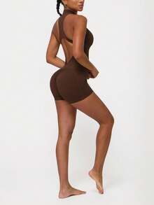 Sodalemon 女士拉链连体瑜伽裤，蜜桃臀露背，健身连体裤 - 咖啡棕 - 查看 8