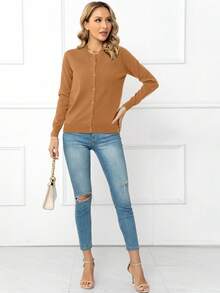 DEARCASE 女式休闲纯色长袖纽扣开衫 - 棕色 - 查看 5