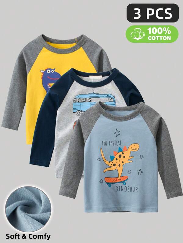 3 piezas/Conjunto Camisetas de manga raglán con estampado de dibujos animados para niño, tops casuales con efecto de superposición para primavera y otoño
