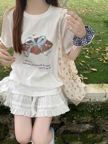 字母与羊角面包印花休闲圆领T恤 - 白色 - 查看 3