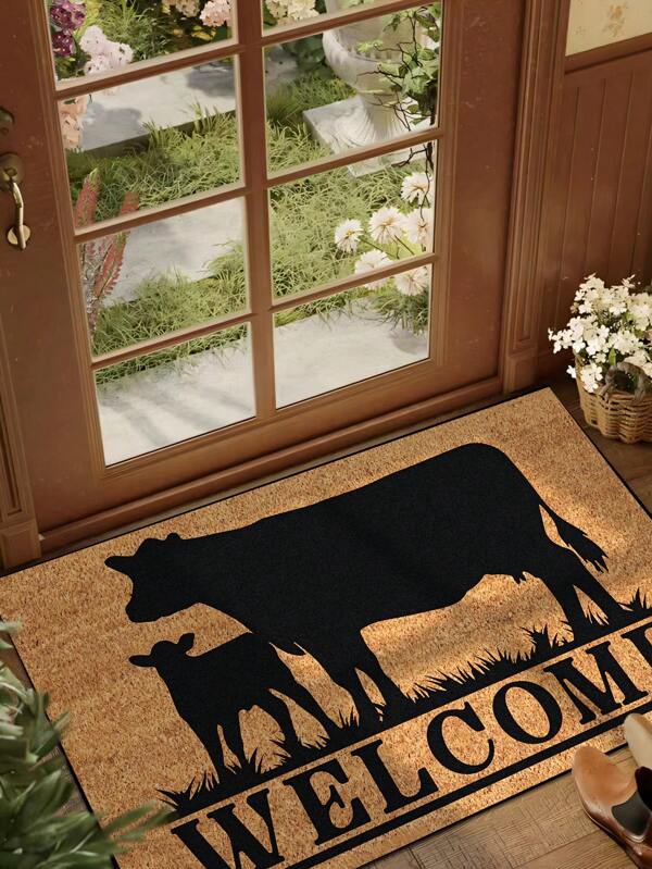 1 pieza Felpudo de entrada con patrón de bienvenida de vaca de granja interesante, estilo minimalista gráfico amarillo de felpa corta de secado rápido y antideslizante, lavable, adecuado para cocina, baño, comedor, pasillo, fiesta, reunión, Año Nuevo, todas las temporadas, decoración de jardín, decoración de habitación, alfombra, decoración de dormitorio, alfombras