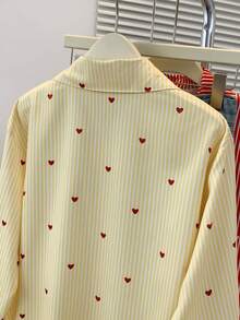 Women's Heart Print Polo Collar Striped Shirt - Casual Button-Up Long Sleeve Vacation Top For Spring Summer Fall Everyday Outfits
