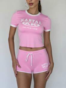 Summer Letter Printed Round Neck Short Sleeved Top With Slim Fit And Exposed Navel Shorts Set - Pink - View 6