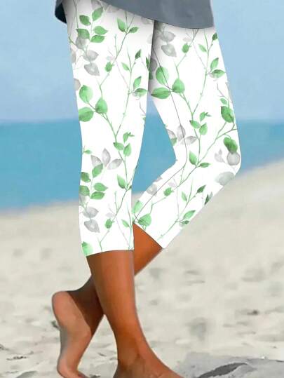 Women's Floral Print 7/8 Leggings, Polyester, Medium Stretch, Regular Fit, Soft Touch