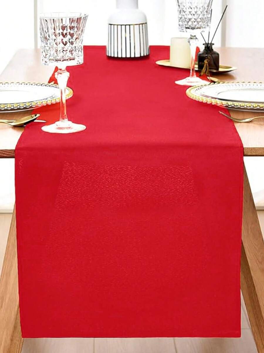 1pc Elegant Table Runner - Polyester, Solid Color, Suitable For Country Style Restaurant, Kitchen, Dining Room, Vanity And Party Table Decoration - Red - View 1