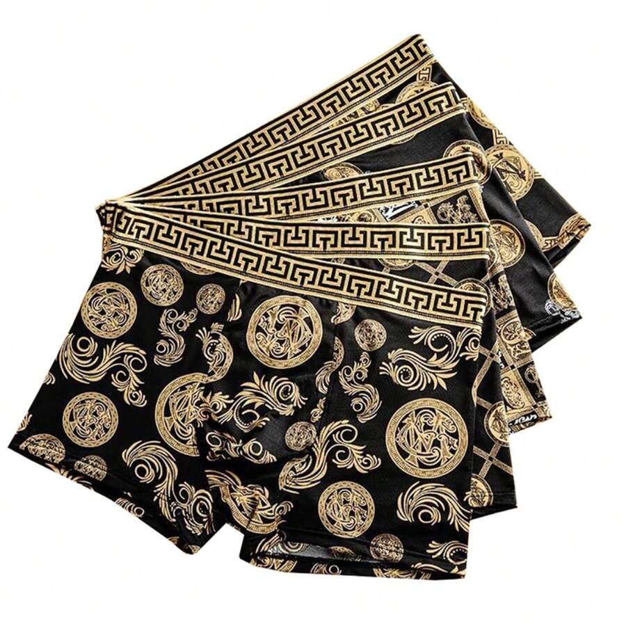 4 unids/set de ropa interior para hombre, calzoncillos de nuevo estilo, ropa interior cómoda y transpirable con estampado para hombre, bragas sexis finas de esquina plana para niños LBK1 - Oro negro - Ver 1