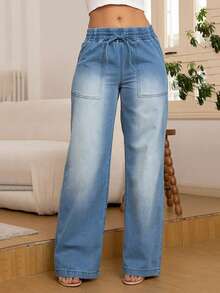 Fashionable Versatile Women Straight-Leg Wide Denim Pants With Back Pockets And Elastic Waist - Light Wash - View 3