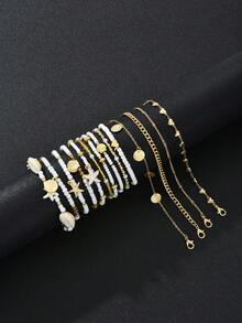 14pcs Simple Bohemian Starfish & Faux Shell Anklets Set, Women's Summer Beach Holiday Date Gift, Casual Daily Party Wear - phong cách 1 - Xem 10