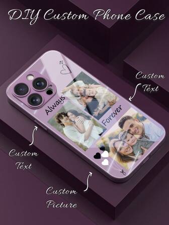 1pc Customized DIY Creative Phone Case, Personalize With 3 Photos And 2 Names, Unique High-Definition Glass Phone Case Compatible With Samsung S24 Ultra/S25 Ultra And 17 Pro Max/16 Pro Max/15 Pro/14 Plus/13 Pro/12 Pro Max/11/Xs Max/8/7/6 Plus, Fashionable, Sweet, Wedding, Family Portrait, Best Gift For Friends, Father, Mother, Boyfriend, Girlfriend