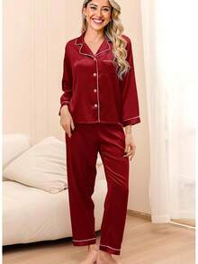 4Pcs Womens Silk Pajama Sets Satin Pajamas Set Sexy Cami Lingerie Pjs Nightwear Silky Pj Loungewear Sleepwearhalloween - Dark Red - 查看 9