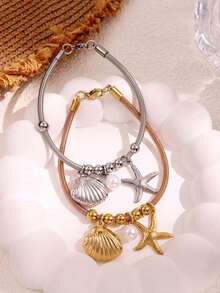1 件海星贝壳珍珠吊坠手链，不锈钢弹性可调节女士手链，简约夏日海滩珠宝礼物 - 彩色 - 查看 7