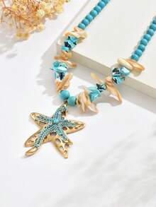 Travachic 1 件夏日海滩夏威夷风格绿松石双层不对称镂空海星吊坠项链，夸张设计绿松石串珠波西米亚高端海星项链，适合女士休闲和假日穿着
