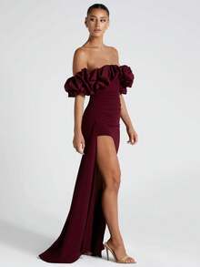 Đầm cocktail thanh lịch, ôm sát, hở vai, xẻ tà gợi cảm, đầm dạ hội dài, đầm dự tiệc Giáng sinh, đầm cưới mùa xuân. - Màu Đỏ Sâu - Xem 3