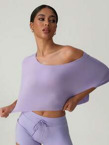 GOSOUER 女士夏季高弹轻薄柔软休闲短款露肩衬衫 T 恤 - 紫色 - 查看 6