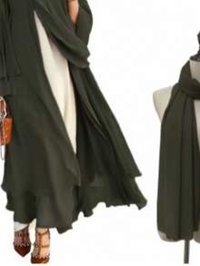 1 Set Women 2-Layer Skirt Pleated Chiffon Abaya Cardigan Long Robe, Casual Muslim Islamic Loose Dress Suitable For Daily & Festival Occasions - Apricot - View 7