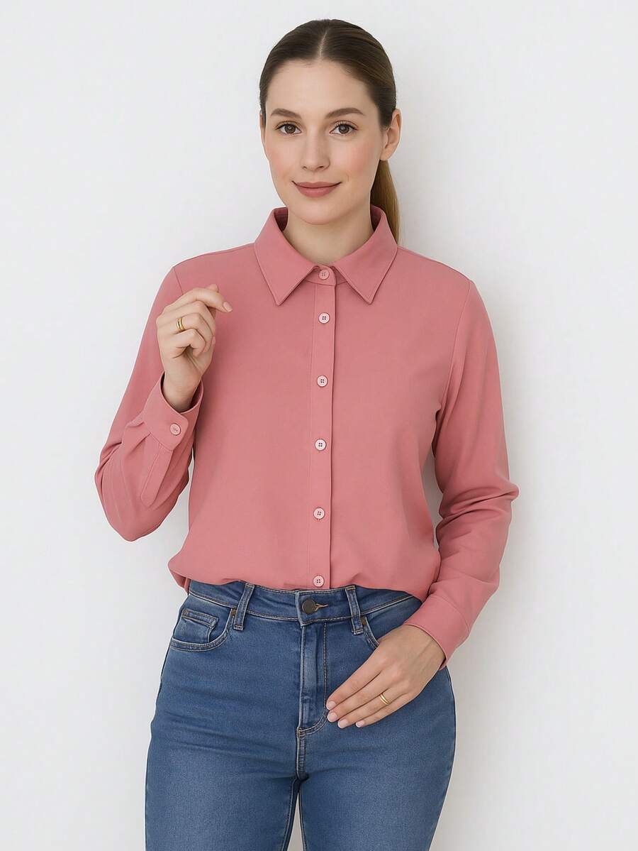 Women's Shirt Collar Long Sleeve Light Fabric Plain - Maxma 2019 Simple Casual Elegant Polyester Button - 乾枯玫瑰色 - 查看 1