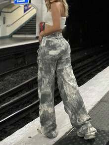 女士秋冬街头风格个性迷彩做旧多口袋工装裤全身印花休闲宽松直筒阔腿裤功能性适合音乐节、街舞男女通用迷彩裤