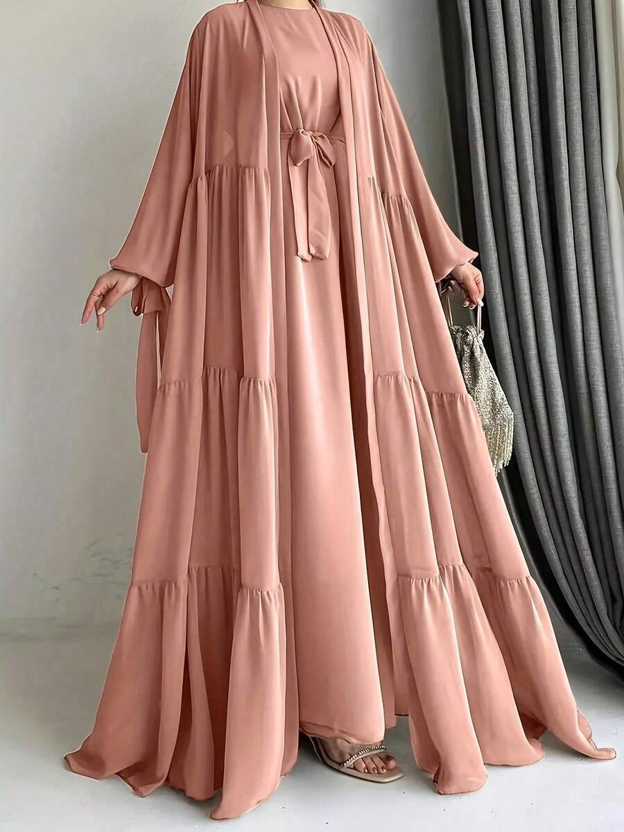 Women's Solid Color Lantern Sleeve Dress And Robe Loose Casual Arab Set - Pink - View 1
