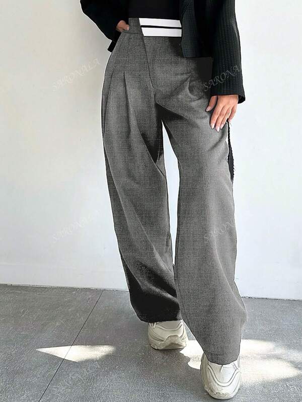 1 pieza Pantalón de mujer de color negro de moda, diseño creativo, cintura alta, pierna recta, con dobladillo, pantalón casual de pierna ancha